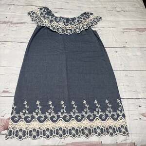 Kaktus Chambray Denim Eyelet Lace Ruffled Off The Shoulder Dress